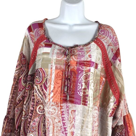Catherines Tunic Top 2X Paisley Patchwork‎ Bell Sleeve Tie Neck Boho TP-2324 - Picture 4 of 9